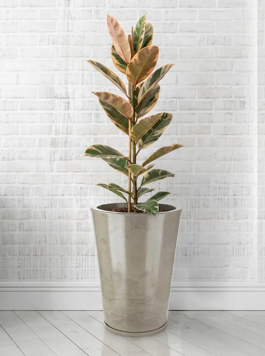 Ficus ruby alto em vaso Genebra marmorato bege, numa sala clara